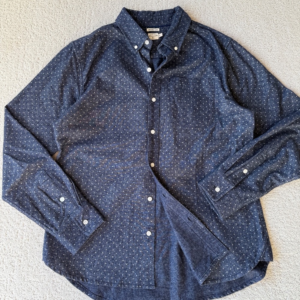 Bridge & Burn Sutton‎ Shirt Mens L Navy Blue Polka Dot $118 Long Sleeve Button